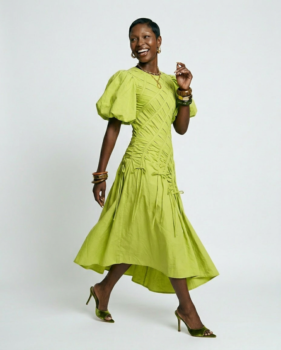 The Phoebe Pleated Puff Sleeve Dress Orange / L