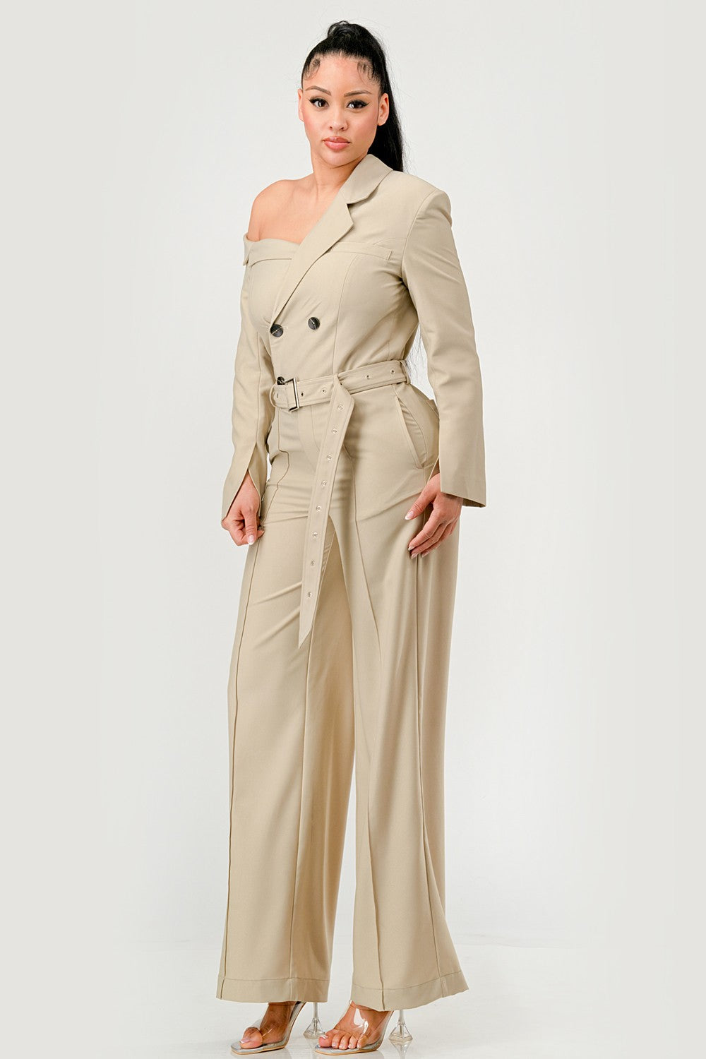 Balm In Gilead Off-Shoulder Trench Jumpsuit